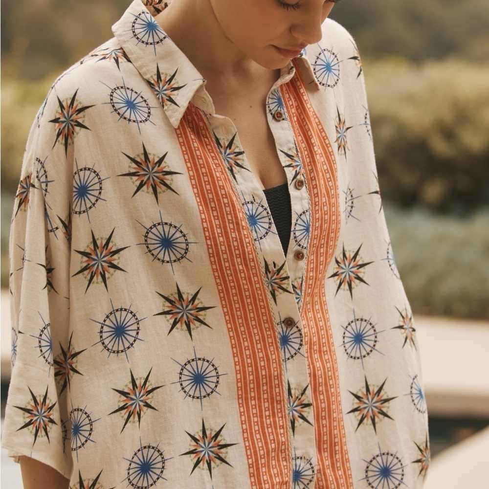 By Anthropologie Short-Sleeve Linen Buttondown Shirt Star Geometric Print Sz XS - Picture 2 of 10